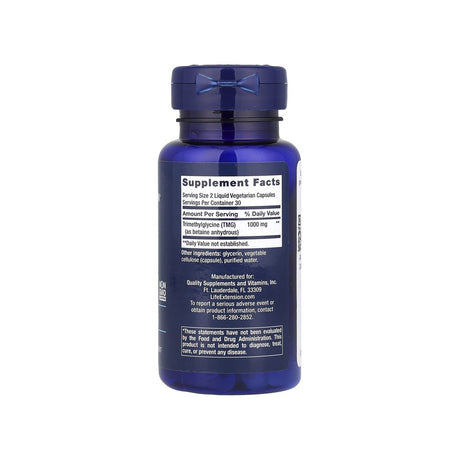 Life Extension TMG 500 mg supplement facts panel listing ingredients, dosage, and serving size