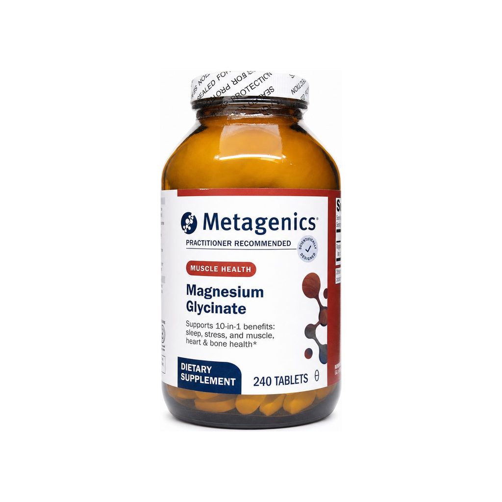 Metagenics Magnesium Glycinate 240 tablets front bottle with white label and blue Metagenics branding