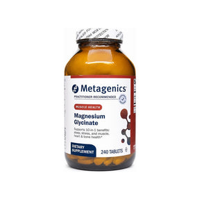 Metagenics Magnesium Glycinate 240 tablets front bottle with white label and blue Metagenics branding