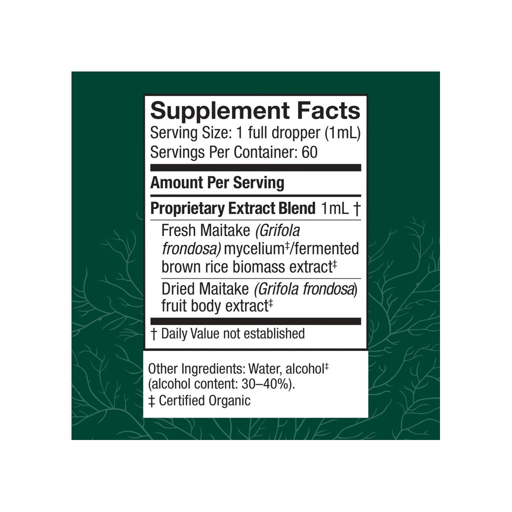 Host Defense Maitake Extract 2 fl oz supplement facts panel listing ingredients, dosage, and serving size