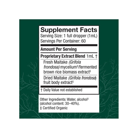 Host Defense Maitake Extract 2 fl oz supplement facts panel listing ingredients, dosage, and serving size