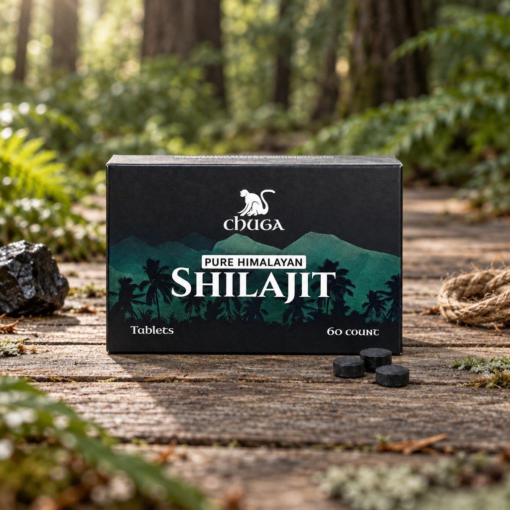 Chuga Pure Himalayan Shilajit Tablets box and three tablets on a wooden forest boardwalk