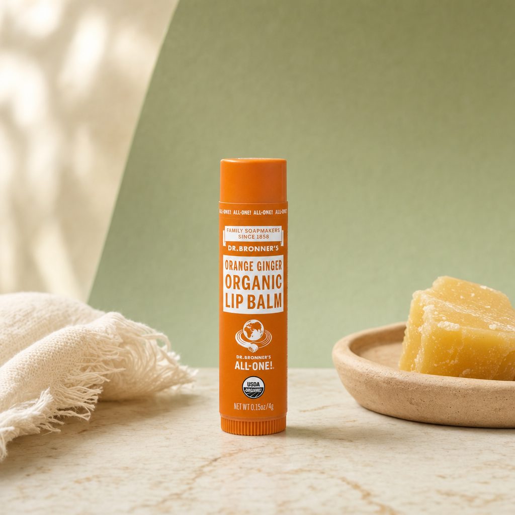 Dr. Bronner's Organic Lip Balm Orange Ginger tube with orange label details