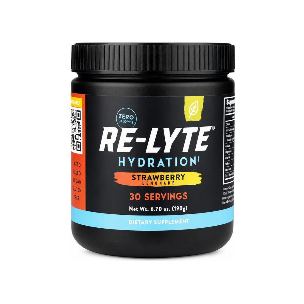 Redmond Re-Lyte Strawberry Lemonade electrolyte mix jar front label, 30 servings