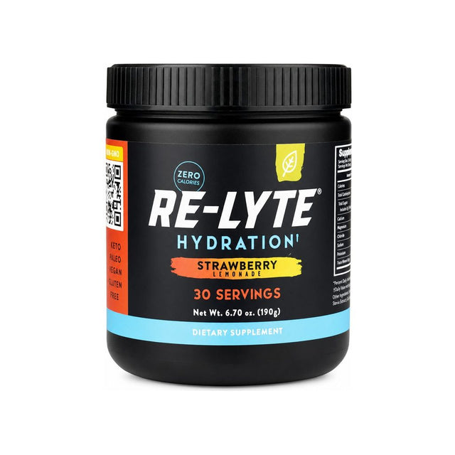 Redmond Re-Lyte Strawberry Lemonade electrolyte mix jar front label, 30 servings