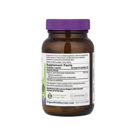Oregon's Wild Harvest St. John's Wort supplement facts panel listing ingredients, dosage, and serving size