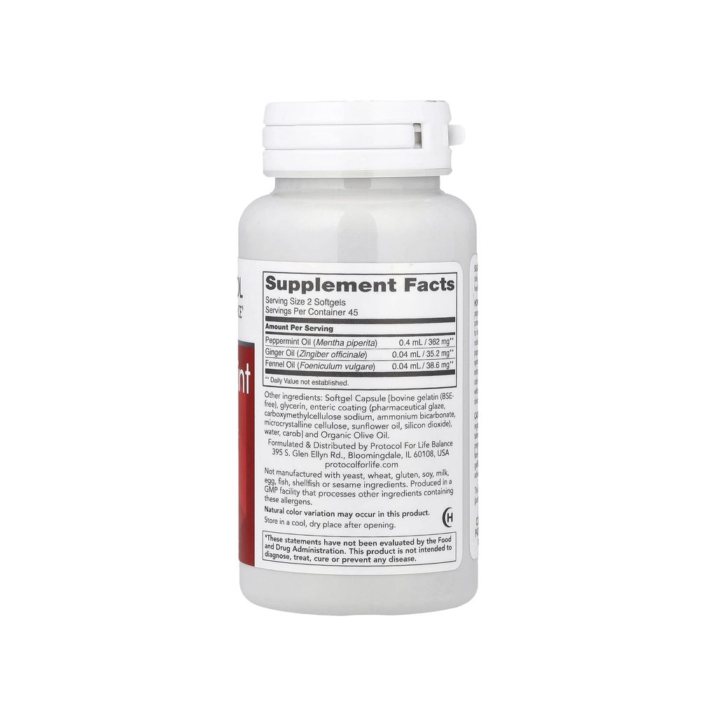 Protocol for Life Balance Peppermint Oil G.I. supplement facts panel with ingredients and serving size