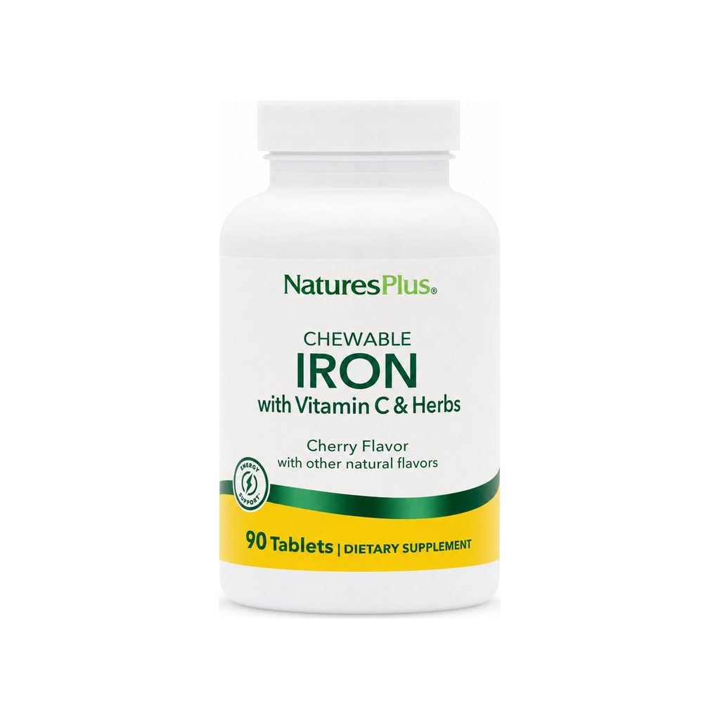 NaturesPlus Chewable Iron with Vitamin C & Herbs 90 tablet bottle, cherry flavor front label