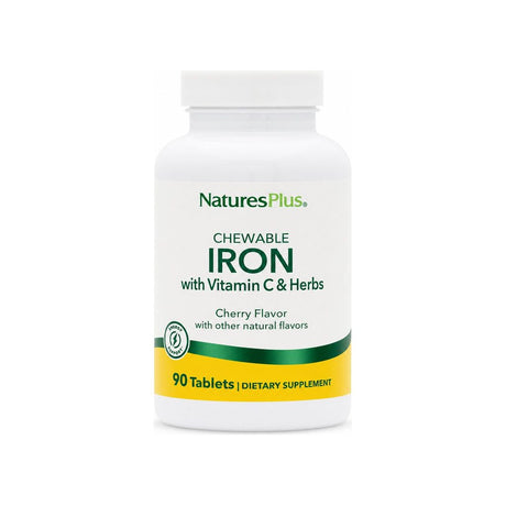 NaturesPlus Chewable Iron with Vitamin C & Herbs 90 tablet bottle, cherry flavor front label