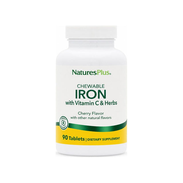 NaturesPlus Chewable Iron with Vitamin C & Herbs 90 tablet bottle, cherry flavor front label