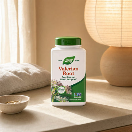 Nature's Way Valerian Root capsules in a calm bedtime setting