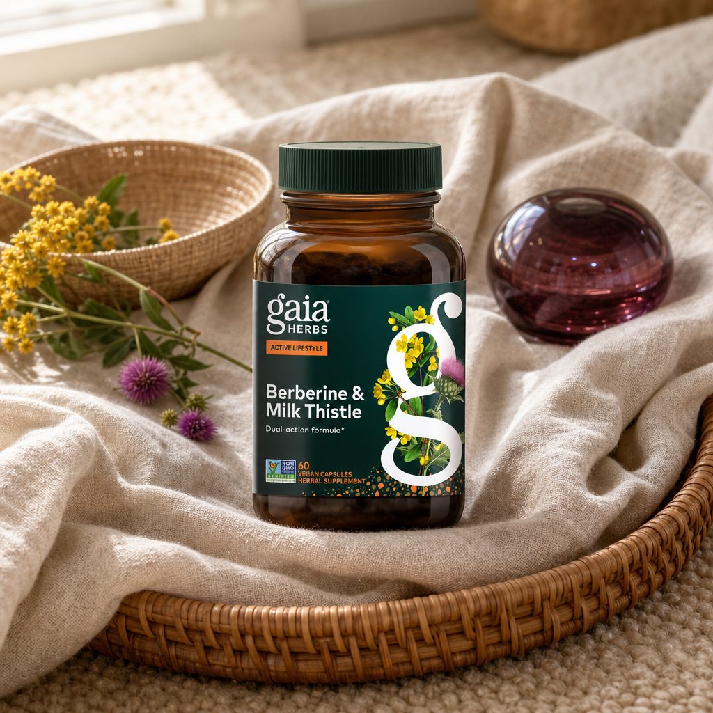 Gaia Herbs Berberine & Milk Thistle bottle posed outdoors against green mountain scenery