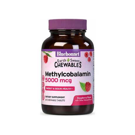 Bluebonnet EarthSweet Chewables Methylcobalamin 5000 mcg front bottle with raspberry label