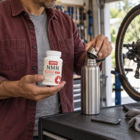 Jarrow Formulas NMN 300 mg bottle held by a man opening a steel water bottle in a garage with a bike