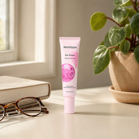Mad Hippie Eye Cream tube with product texture on a soft pastel background