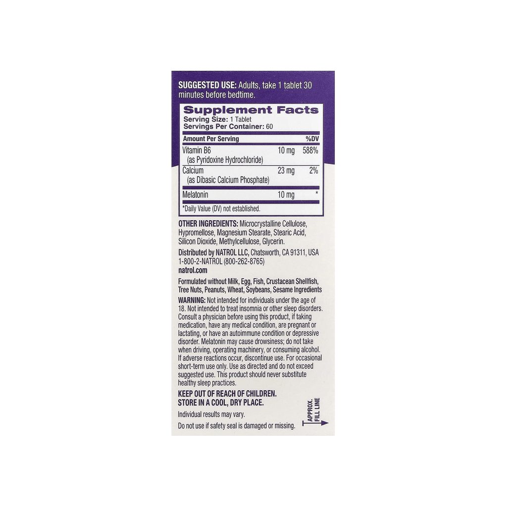 Natrol Melatonin 10mg Advanced Sleep supplement facts panel listing ingredients and serving size
