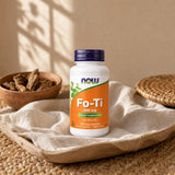 NOW Foods Fo-Ti 560 mg side label with suggested use, cautions, and quality notes