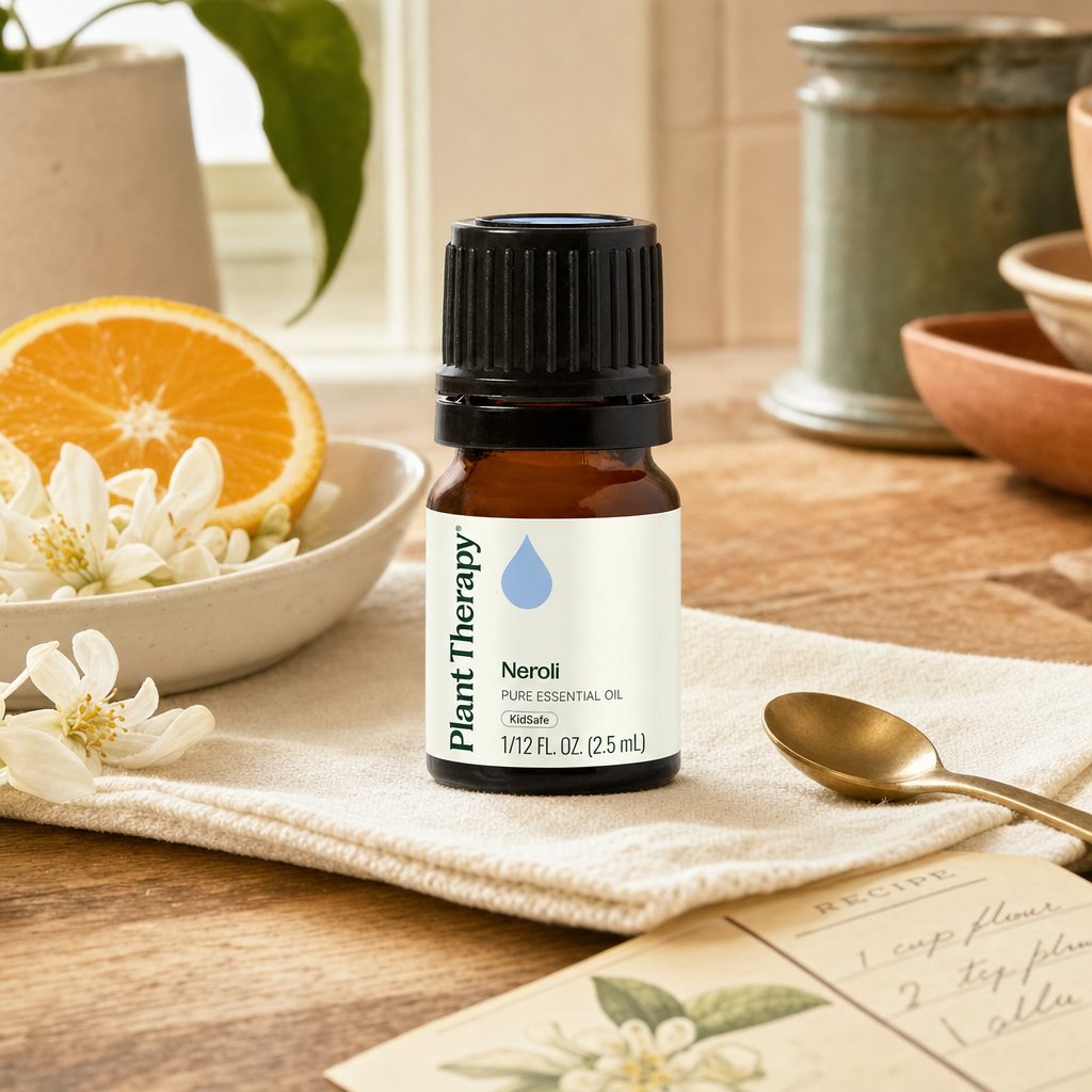 Neroli essential oil bottle with orange blossom flowers and citrus slices