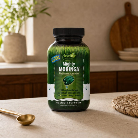 Irwin Naturals Mighty Moringa bottle with liquid softgels arranged beside it