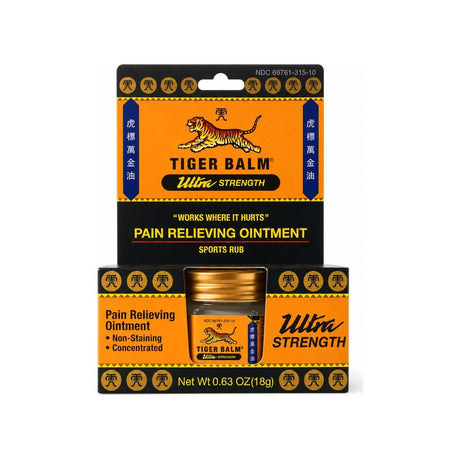 Tiger Balm Ultra Strength Pain Relieving Ointment 0.63 oz jar and retail box