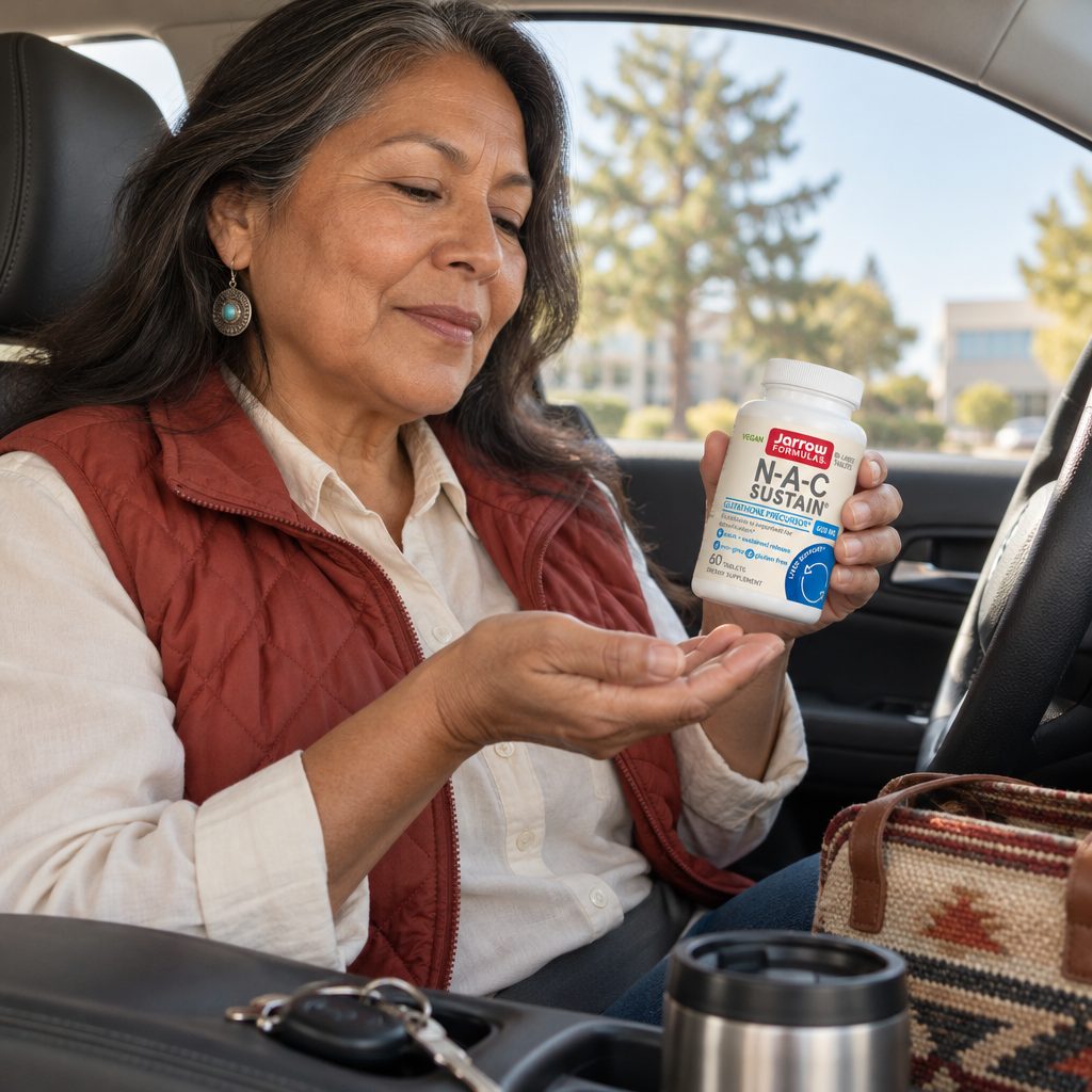 Jarrow Formulas N-A-C Sustain bottle held by a woman sitting in the driver's seat of a parked car