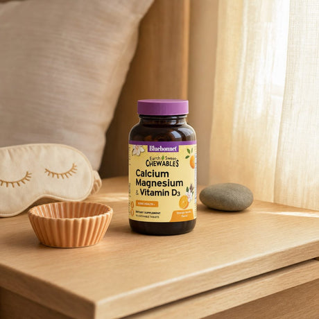 Bluebonnet EarthSweet Calcium Magnesium D3 Orange Vanilla chewable tablets with bottle