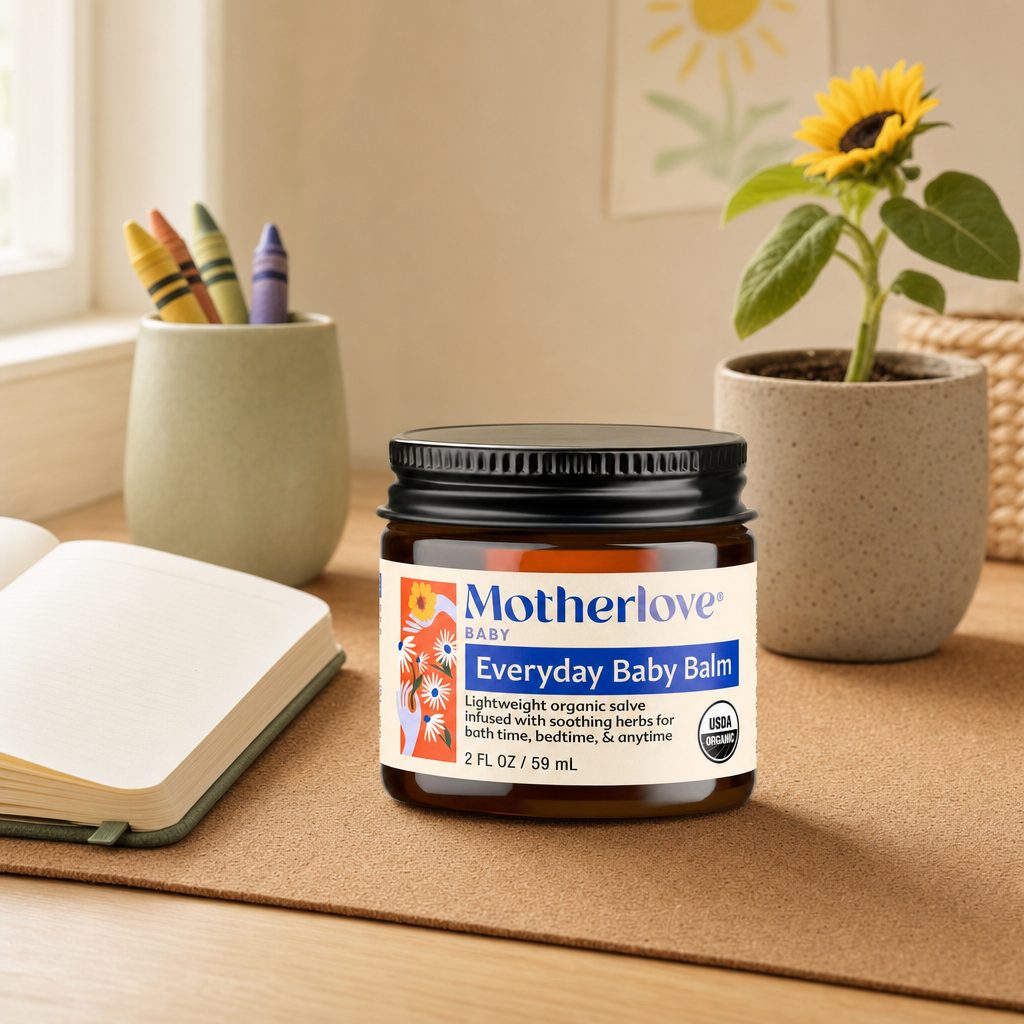 Motherlove Everyday Baby Balm jar with sunflower, chamomile, calendula, and marshmallow botanicals