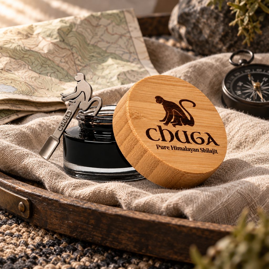 Chuga Shilajit Pure Himalayan Shilajit Resin jar and monkey-shaped spoon on a linen cloth beside a map and compass