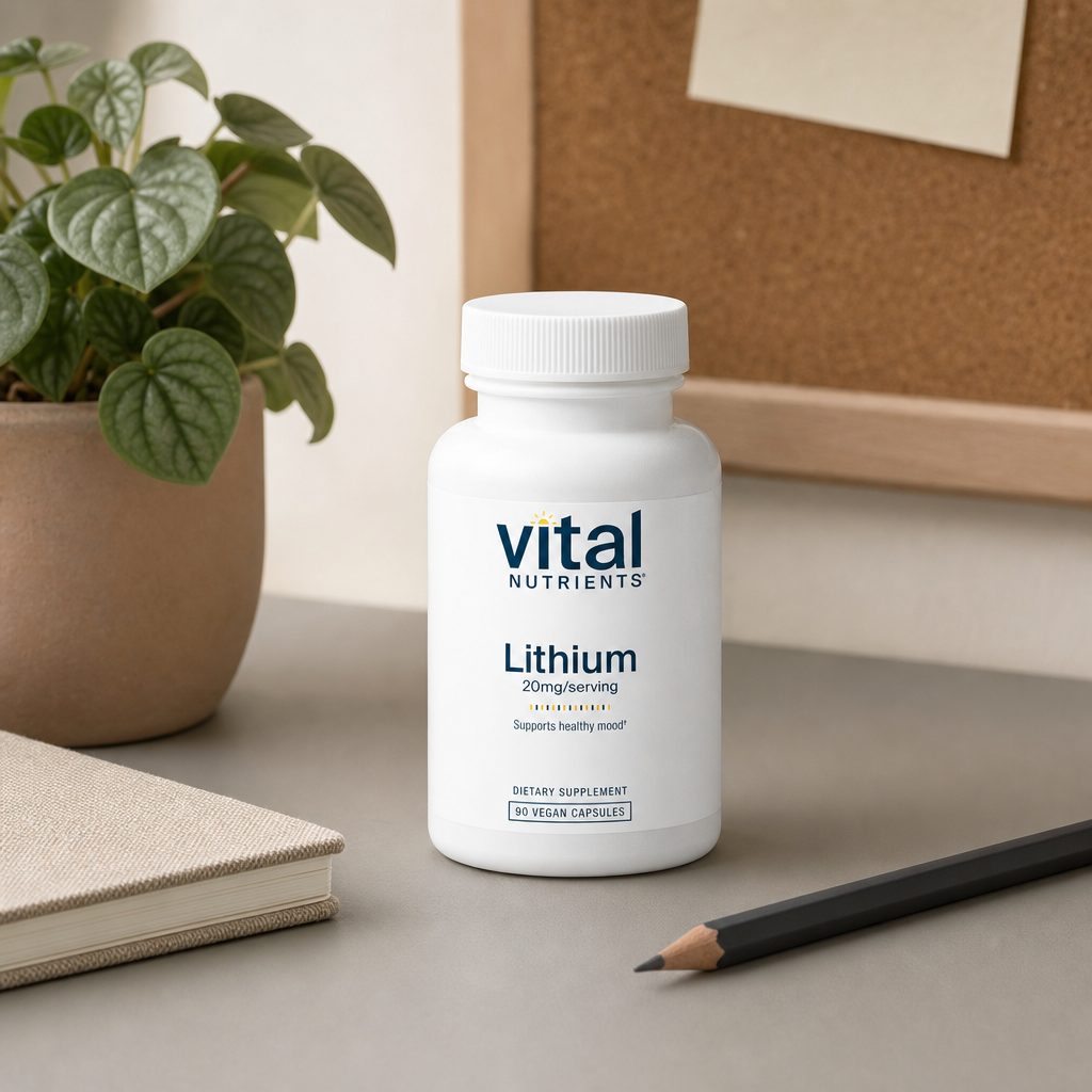 Vital Nutrients Lithium Orotate 20 mg bottle with product feature callouts