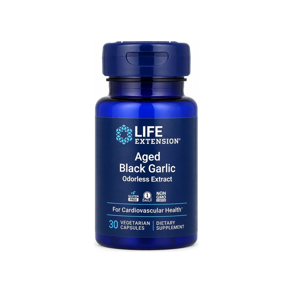 Life Extension Aged Black Garlic Odorless Extract 30 vegetarian capsules bottle front label