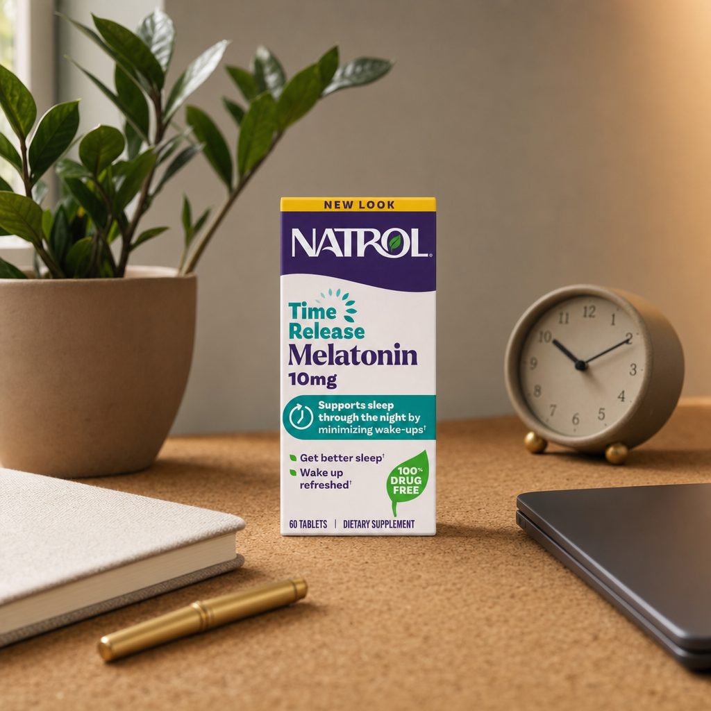 Natrol Advanced Sleep 10mg 60 Tablets on a nightstand beside a lamp and book