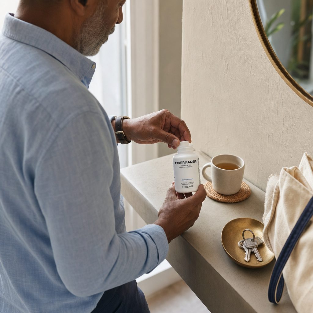 Codeage Akkermansia Capsules product scene highlighting daily capsule use
