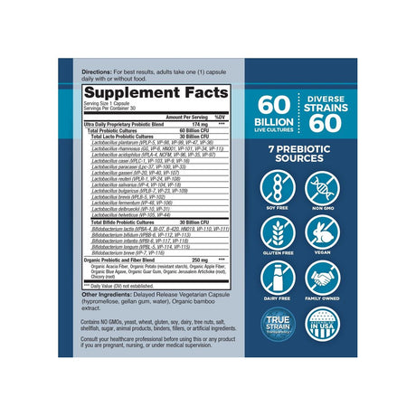 Vital Planet Vital Flora Ultra Daily Probiotic supplement facts panel with directions and ingredients