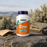 NOW Foods Zinc 50 mg 250 Tablets bottle shown with side label details