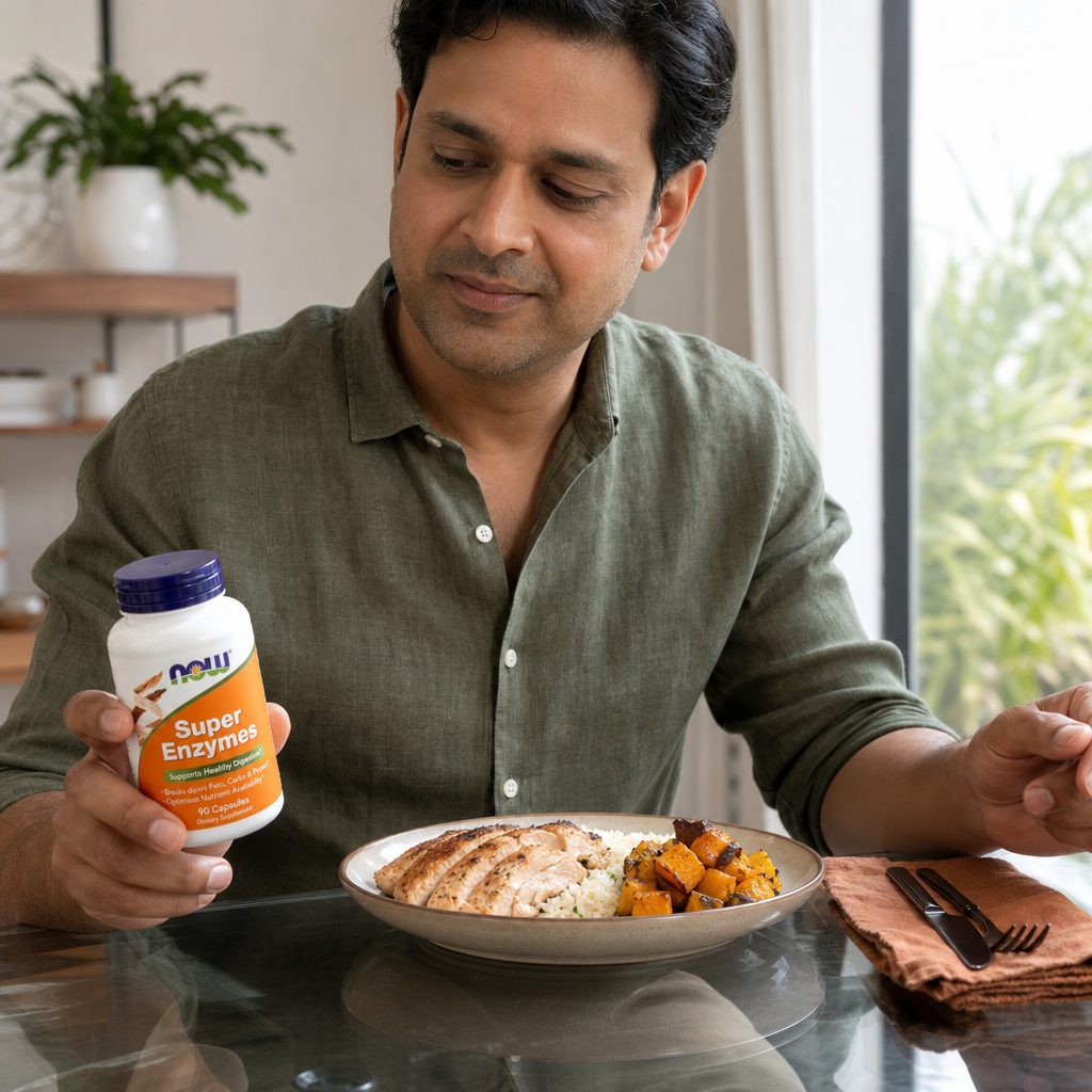 NOW Foods Super Enzymes 90 capsules bottle with digestive enzyme label details