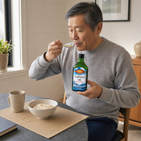 Carlson Norwegian Cod Liver Oil Unflavored bottle displayed in a kitchen wellness routine