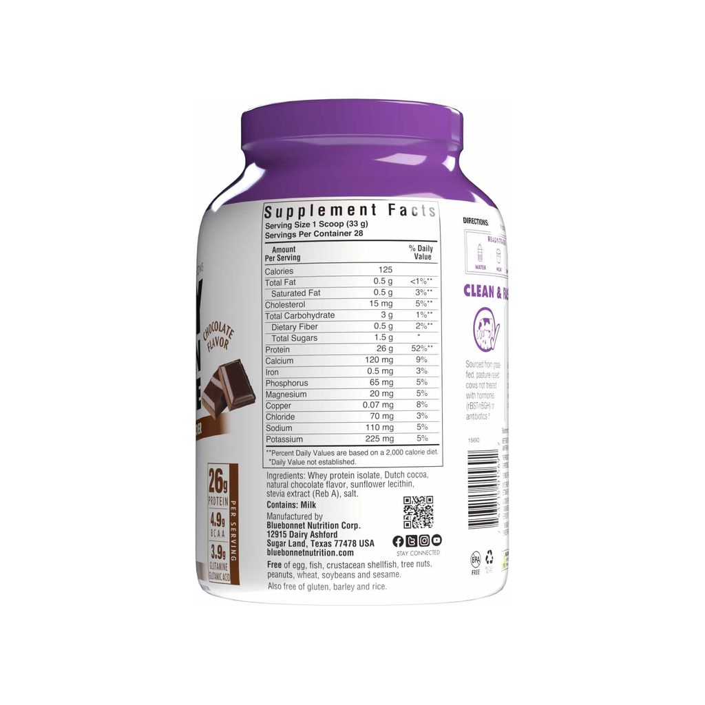 Bluebonnet Whey Protein Isolate Powder Chocolate supplement facts panel with ingredients and serving size