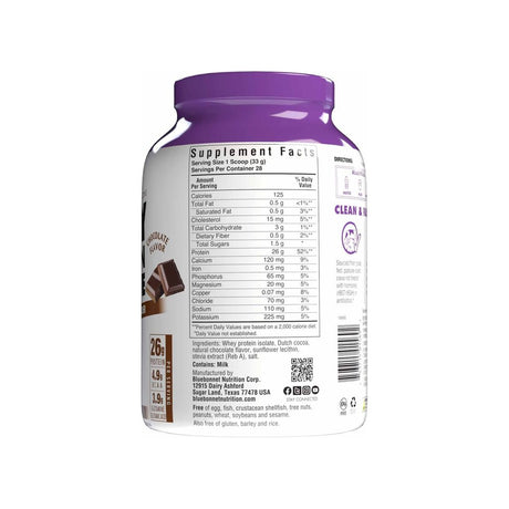 Bluebonnet Whey Protein Isolate Powder Chocolate supplement facts panel with ingredients and serving size