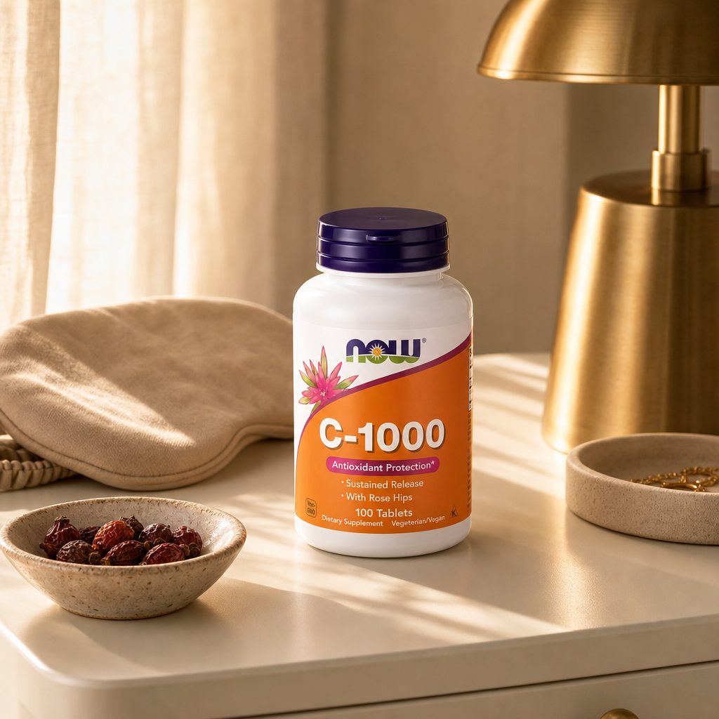 NOW Foods C-1000 with Rose Hips tablet shown for size comparison