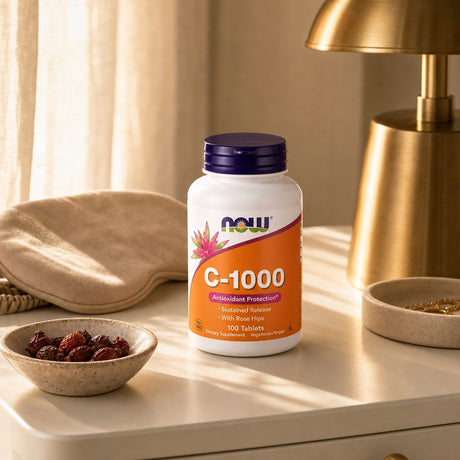 NOW Foods C-1000 with Rose Hips tablet shown for size comparison