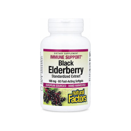 Natural Factors Black Elderberry Extract 100 mg front bottle with 60 fast-acting softgels
