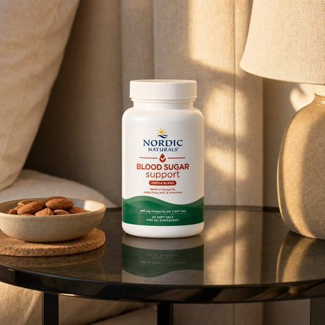 Nordic Naturals Blood Sugar Support bottle angled to show omega blend label details