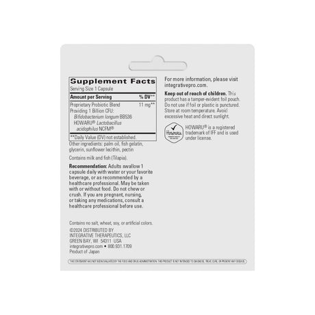 Integrative Therapeutics Probiotic Pearls supplement facts panel listing ingredients and serving size