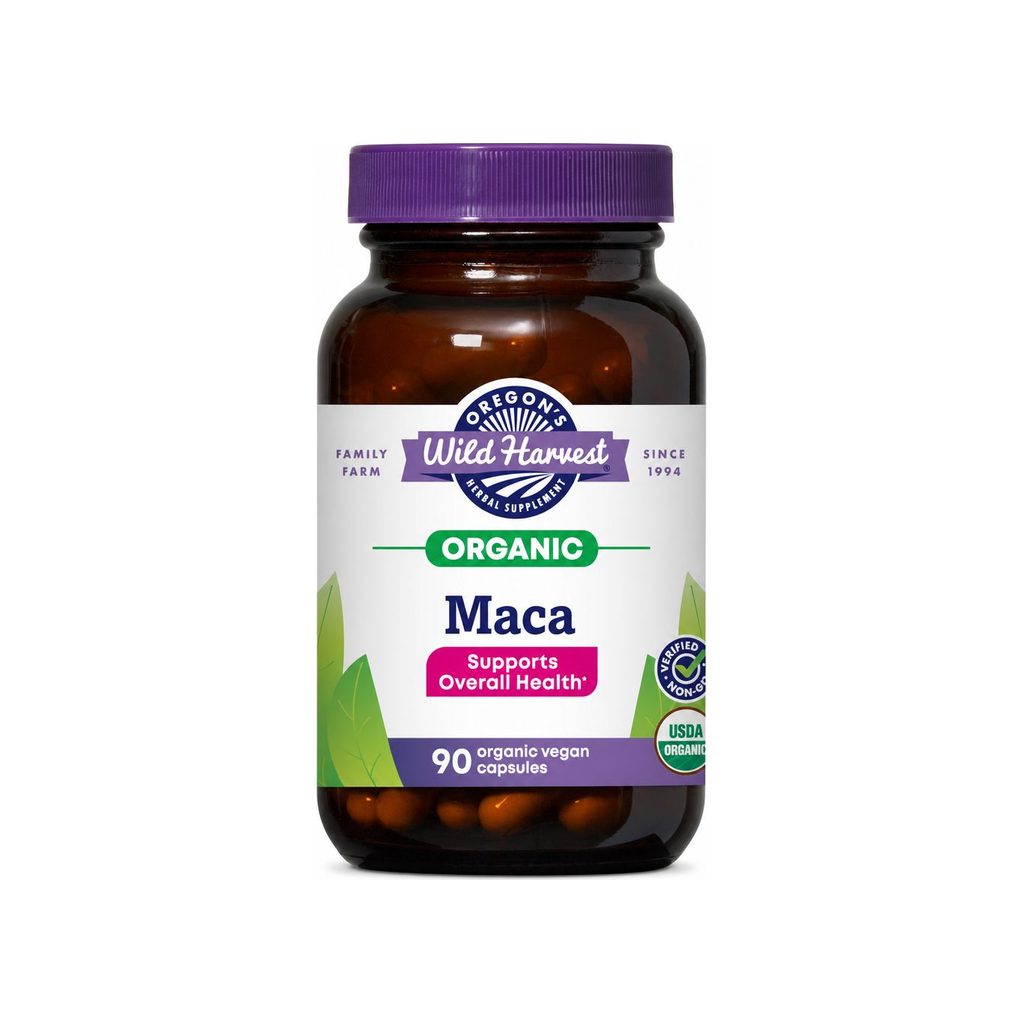 Oregon's Wild Harvest Maca Capsules 90 count front bottle with USDA Organic and Non-GMO badges