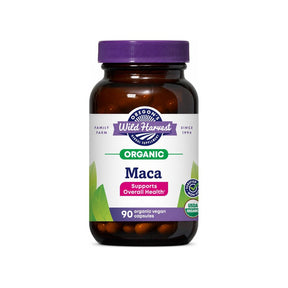 Oregon's Wild Harvest Maca Capsules 90 count front bottle with USDA Organic and Non-GMO badges