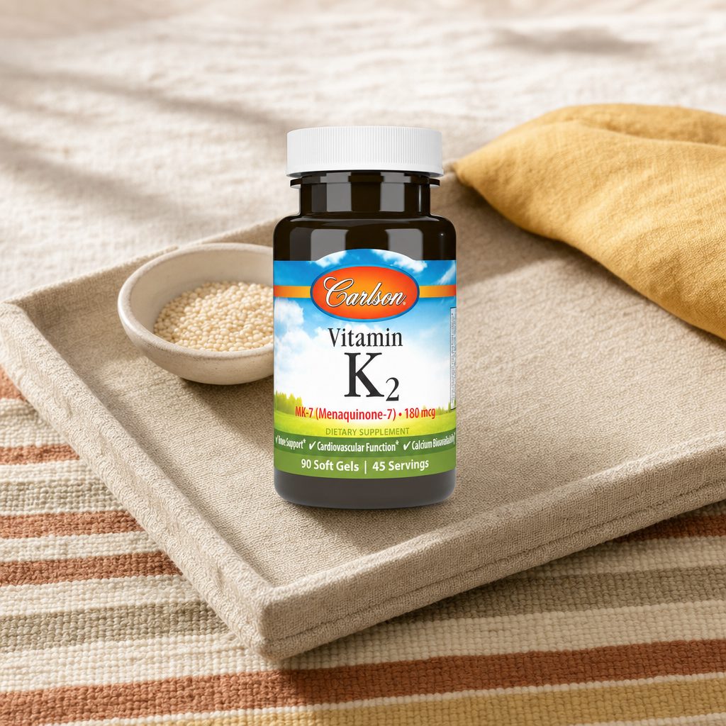 Carlson Vitamin K2 MK-7 180 mcg Softgels bottle with softgels on a clean white background