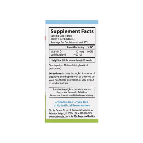 Carlson Baby's Super Daily D3 Drops 400 IU supplement facts panel listing dosage and ingredients