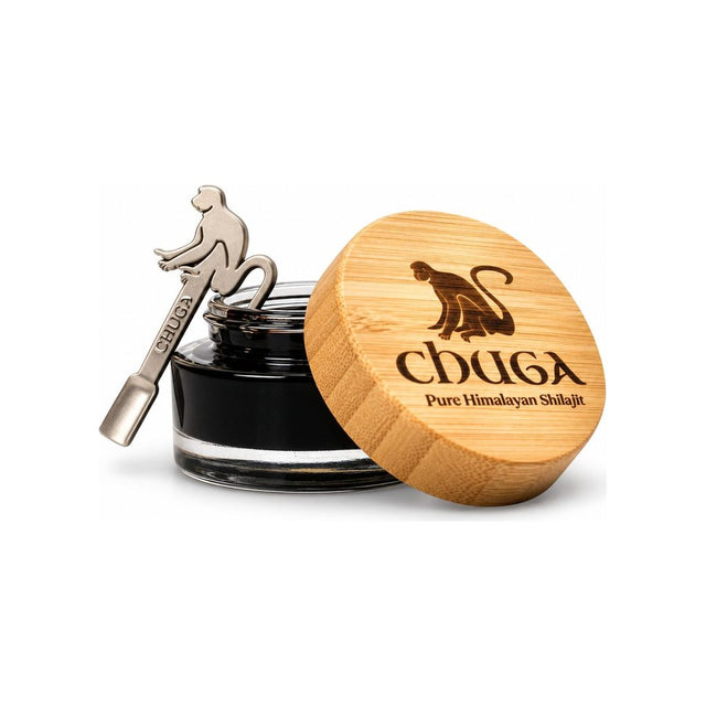 Chuga Pure Himalayan Shilajit Resin 35 g glass jar with bamboo lid and monkey-shaped metal spoon