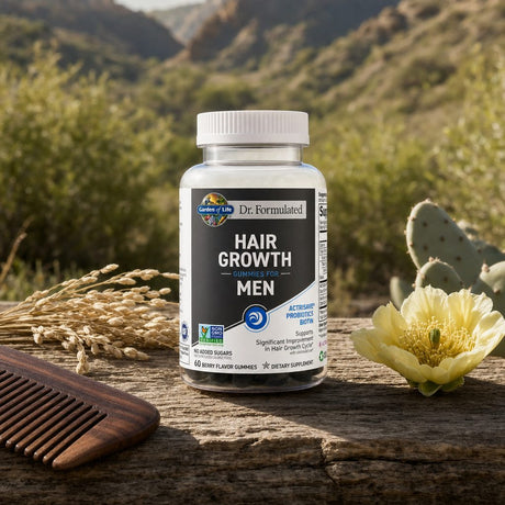 Garden of Life Dr. Formulated Hair Growth Gummies for Men bottle with berry gummies
