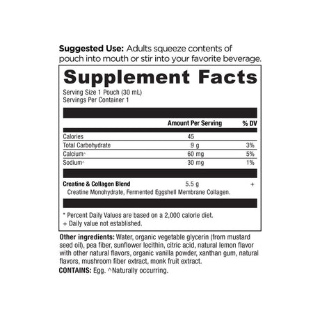 Ancient Nutrition Creatine + Collagen Gel Lemon supplement facts panel with ingredients and serving size